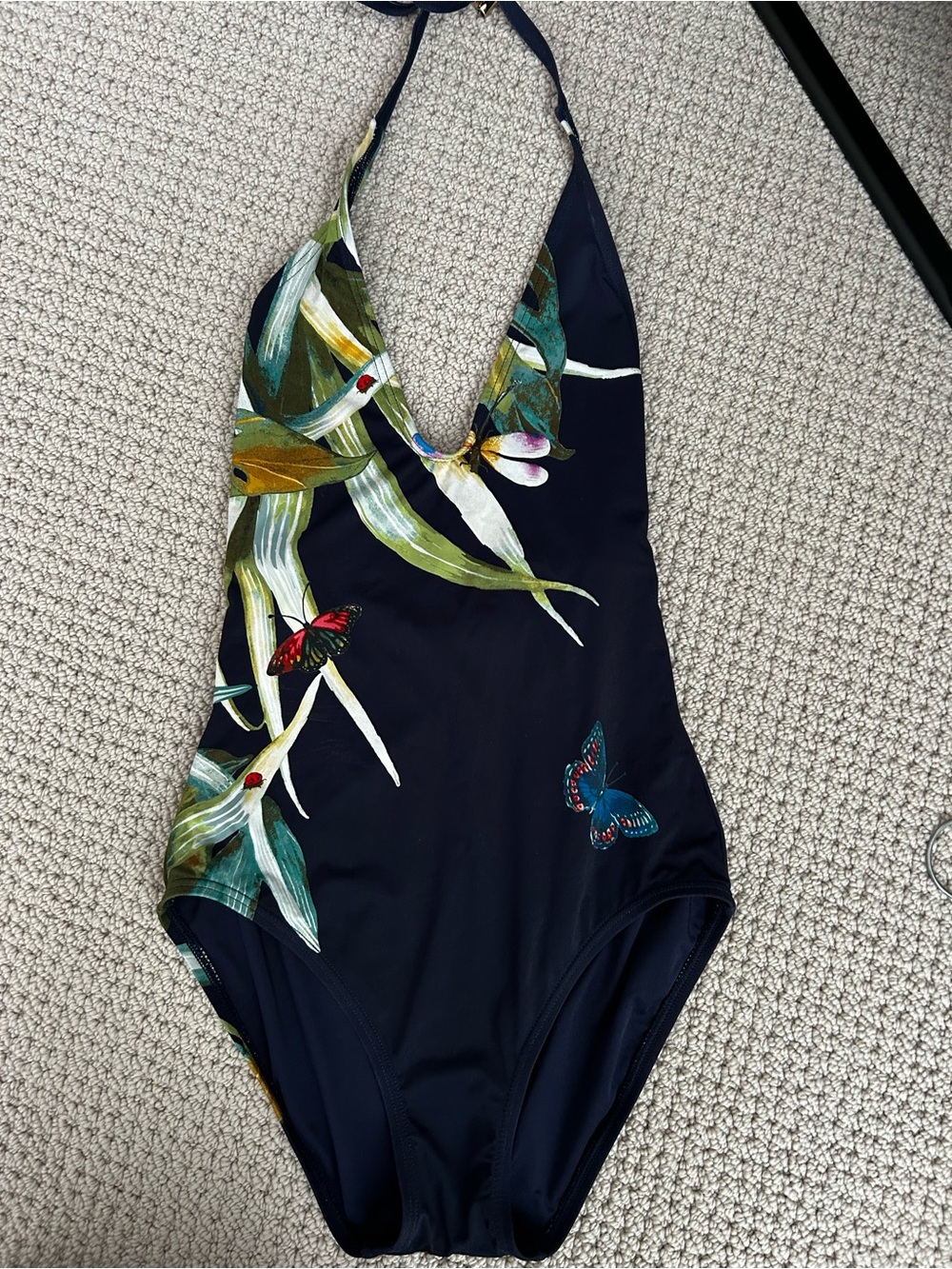 Vince Camuto Navy Floral & Butterfly Halter One-Piece Swimsuit